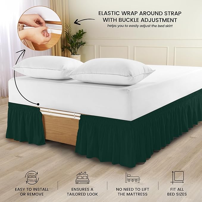Utopia Bedding King Elastic Bed Ruffle - Easy Wrap Around Ruffle - Microfiber Bed Skirt with Adjustable Elastic Belt 16 Inch Tailored Drop - Hotel Quality Bedskirt, Fade Resistant (King, Emerald)