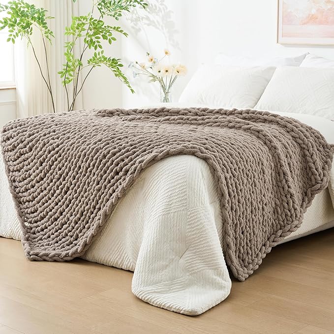 Bigacogo Chunky Knit Throw Blanket for Couch, 60x80 inches, 100% Hand Knitted with Thick Jumbo Chenille Yarn, Cozy Soft Large Rope Knot Cable Crochet Blankets for Sofa Bed Living Room, Taupe