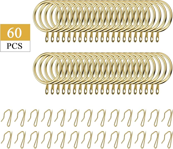 Hotop 30 Pcs Metal Drapery Curtain Rings 0.98/1.26/1.65 inch Interior Diameter and 30 Pcs Hanging Curtain Drapery Pin Hooks for Window Door Shower(25 mm,Gold)