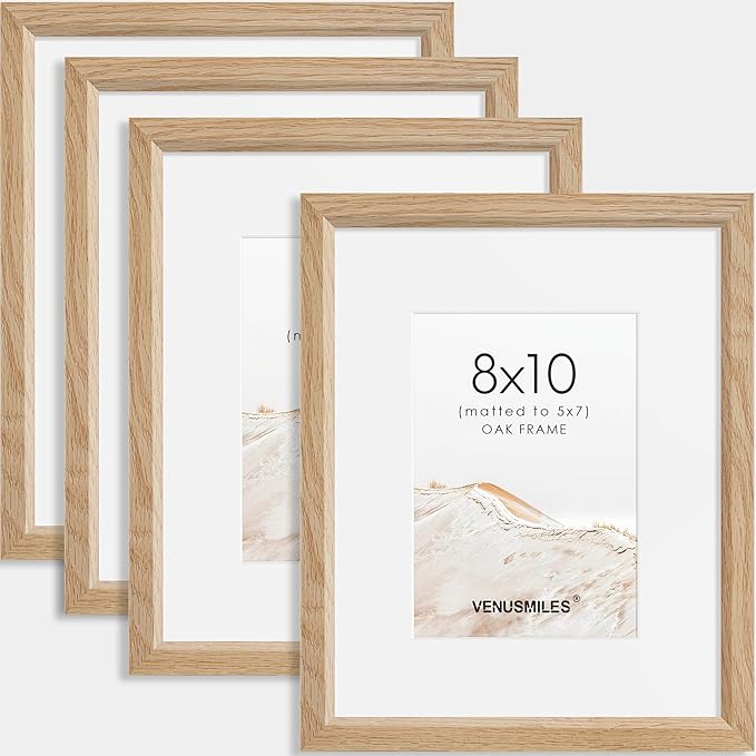 8x10 Picture Frame Set of 4 Natural Solid Oak Photo Frames with 5x7 Removable Mat Wall Hanging Large Handcrafted Frame with HD Plexiglass Wall and Tabletop Display Large Poster Frame