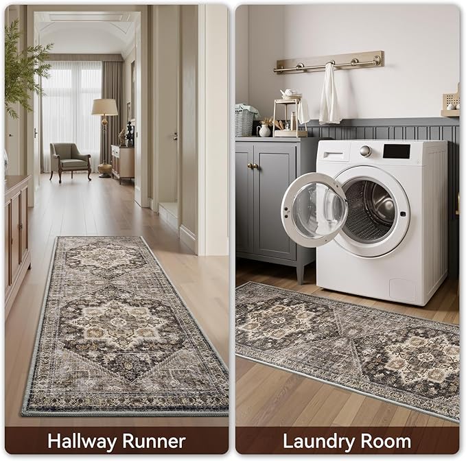 Runner 2x6 Runners for Hallways Rug Soft Kitchen Runner-Rugs for Bedroom Machine Washable Rug Vintage Oriental Floral Medallion Laundry Non Slip Brown