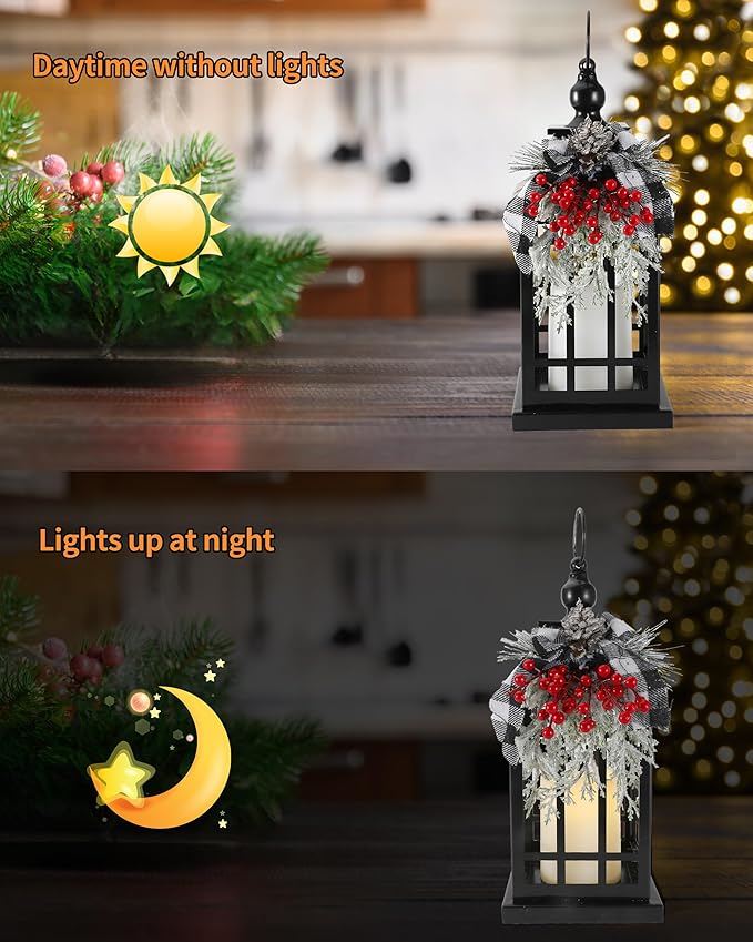 iStatue Metal Black Christmas Lantern with Flameless Candle, 14'' Modern Farmhouse Decor Festive Holiday Rustic Home Gifts for Indoor / Outdoor (Xmas)