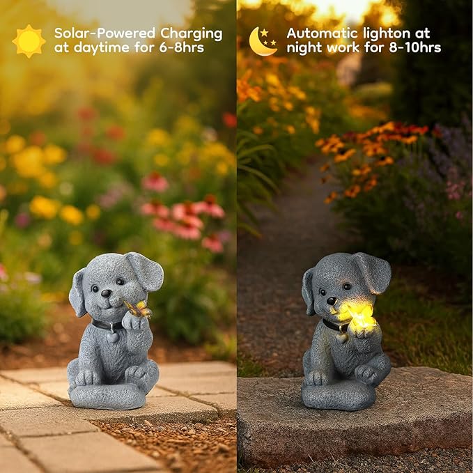 Solar Puppy Dog Garden Decor - Cute Pet Memorial Statue, Auto On/Off LED Light, Weatherproof Resin for Yard Pathway & Dog Lover Gifts