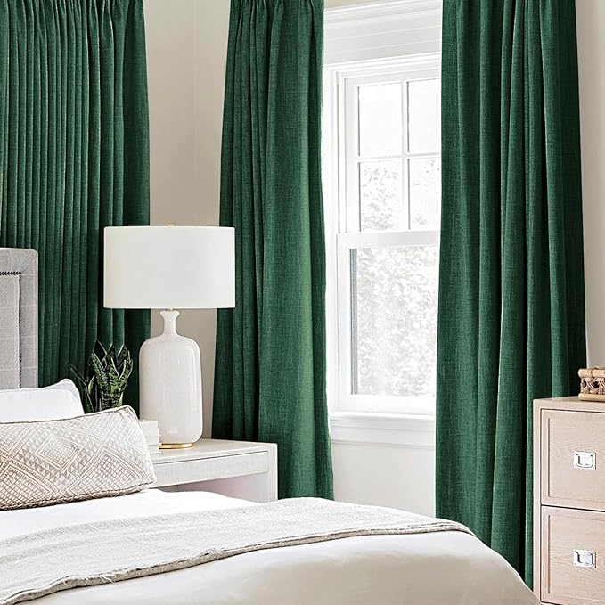 MIULEE Linen Curtains for Bedroom 100% Blackout Thermal Insulated Emerald Green Grommet Room Darkening Curtains & Drapes Christmas Decor for Living Room Nursery 52 x 90 Inch (2 Panels)