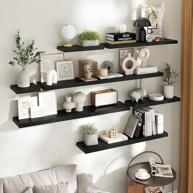 16 Inch Floating Shelves for Wall Set of 2, 8"D Wood Grain Bathroom Shelves with Invisible Brackets, Easy Install Engineered Wood Storage Shelves for Kitchen, Living Room, Bedroom, Black Finish