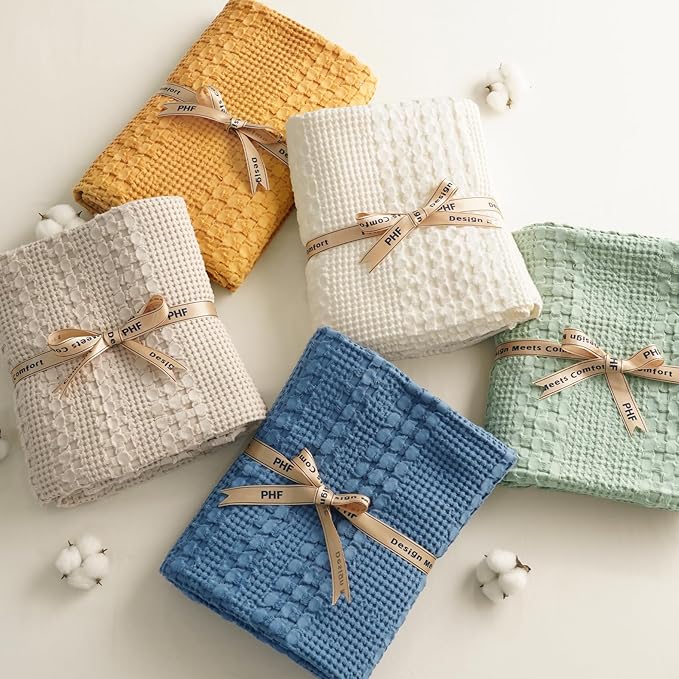 PHF 100% Cotton Waffle Weave Blanket Queen Size for Bed, Lightweight Washed Cotton Blanket - 90"x90" Aesthetic Soft Woven and Breathable Blanket for Sofa Home Decor - Ginger Yellow