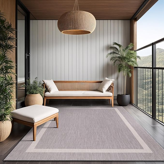 Bordered Outdoor Rug 5x7 Washable Outside Carpet for Indoor Patio Porch Waterproof Easy Cleaning Non Shedding Area Rugs Gray 5 x 7