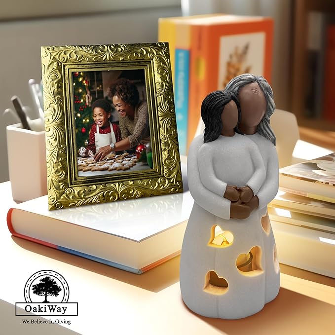 Grandma-Granddaughter Hand-Painted Candle Holder Statue W/Flickering LED Candle | Unique Nana Present Ideas for Christmas, Gigi Grandmother Birthday Gift, Greeting Card Included (Dark)