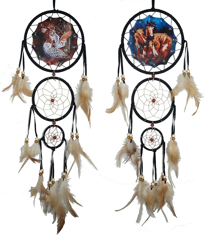 Remorelt Wolf Eagle Bear Dream Catcher Bedroom Wall Decor, Christmas Home Decoration, Room Accessory, White Moon Feather Decoration - Unique Home Craft Wall Pendant (DC28 6Inch Set 2 Owl Horse)