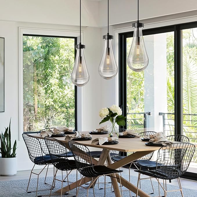 Raindrop Pendant Lights Kitchen Island Teardrop Black Hanging Light Fixtures Clear Solid Glass Pendant Light Modern Chandeliers for Dining Room Porch Corridor Living Room…