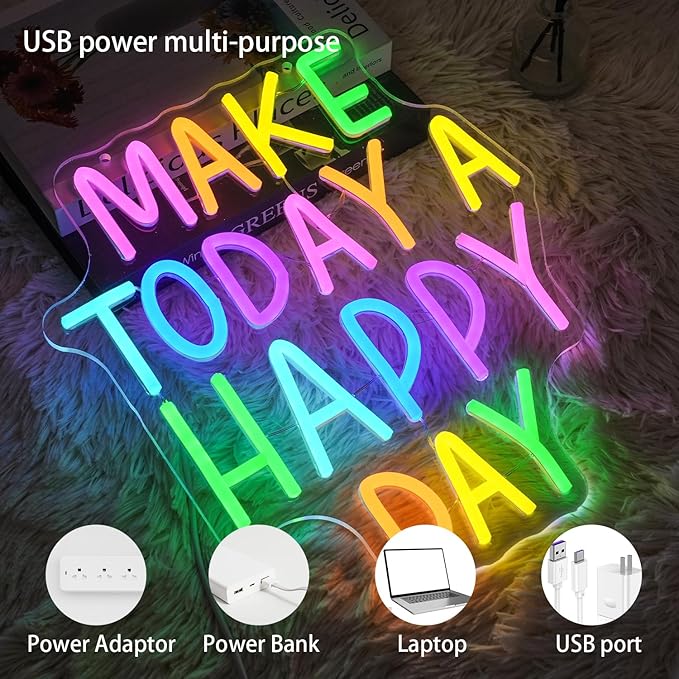 Make Today A Happy Day Neon Sign, Inspirational Colorful Letter Neon Light for Wall Decor, Dimmable Motivation LED Light Sign for Bar Cafe Restaurant Office Living Room Wedding