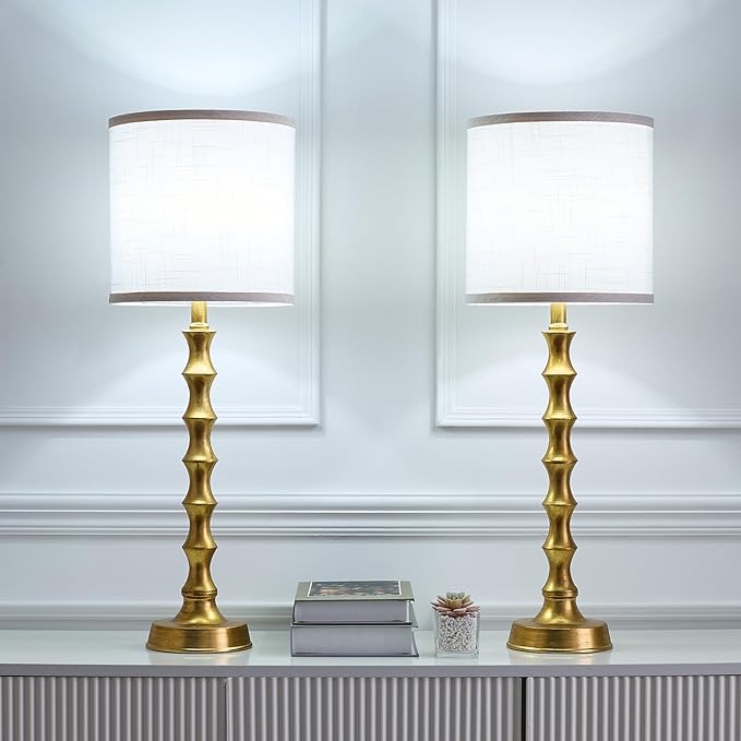 Gold Table Lamp Set of 2 Metal Bamboo Shape Base 29" Rustic Buffet Lamp with Linen White Shade Tall Nightstand Lamps Bedside Nightlights for Living Room Bedroom Guest Room