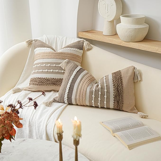 BlissBlush Brown Decorative Throw Pillow Cover 18x18 Square Boho Accent Pillowcase Tassels Farmhouse Cushion for Couch Sofa Bedroom Livingroom Home Décor Cover ONLY (Pack of 1)