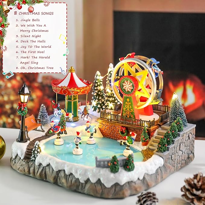 Bdor Christmas Village Lighted Decoration with Carousel, Ferris Wheel, Skaters | 11.4 x 10.4 x 7.7 Inches Animated Holiday Scene with Music & LED Lights for Indoor Home Décor