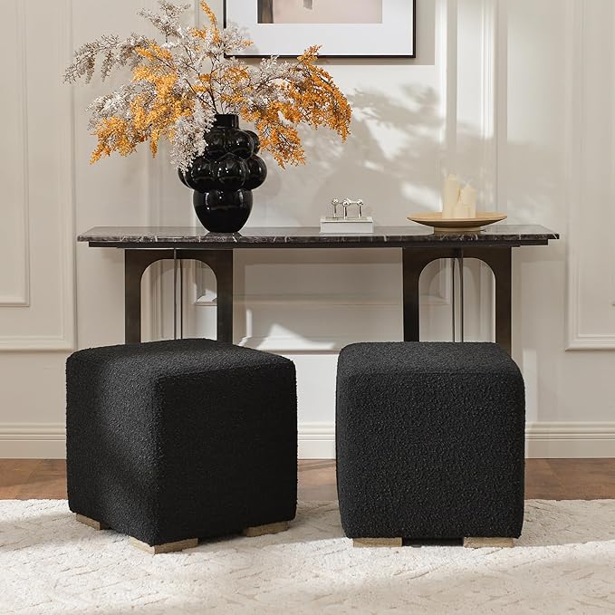 KINWELL 18.5" Wide Modern Square Boucle Upholstered Ottoman with Solid Wood Legs Set of 2, Cube Ottoman Multi-Functional Sofa Footrest, Extra Seating for Living Room, Bedroom, Fully Assembled (Black)
