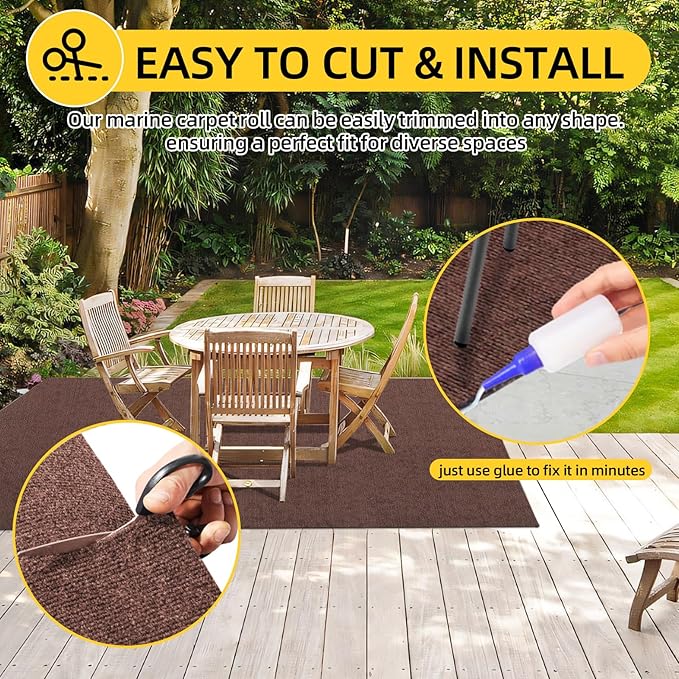 Marine Carpet,5 FT x 15 FT Brown Indoor Outdoor Carpet 0.2" Thick Boat Carpet with Water-Proof TPE Backing, Non-Slide Outdoor Marine Carpet Roll for Home, Patio, Porch, Deck