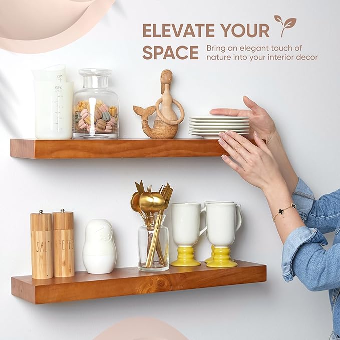 Homeforia 24inch Oak Floating Shelf for Wall, High End Solid Real Wood 24 inches Long Floating Shelves for Bathroom, Honey Oak Wooden Floating Shelves, Heavy Duty Bracket, 24 X 6.5 X 1.75 in, Set of 2