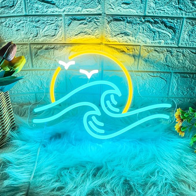 Sunrise Sunset Neon Sign Sun & Sea Neon Signs Sea Wave LED Neon Light Sign for Wall Decor Ocean Surf Sign f