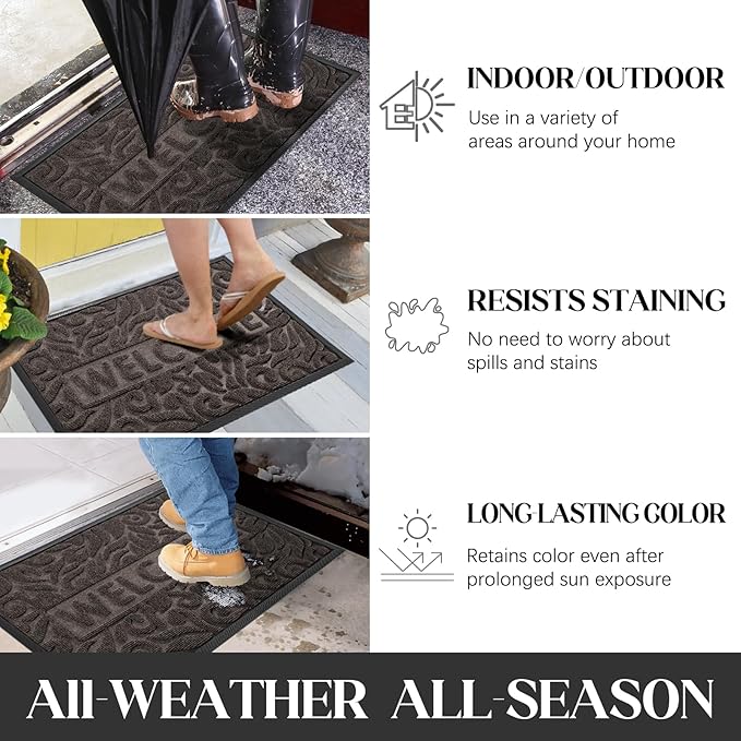 Yimobra Welcome Door Mat Outdoor Indoor, Non Slip Front Doormats, Heavy Duty Rubber Backing, Low-Profile Entrance Mat, Absorbent Resist Dirt, Easy Clean Patio Garage Floor Mats, 29.5 x 17, Brown