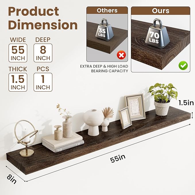 Floating Shelves, 8" Deep Rustic Solid Elm Wood Wall Mounted Floating Shelves, Wall Shelves with Invisible Bracket for Living Room Bathroom Bedroom Kitchen, 55 Inch, Walnut