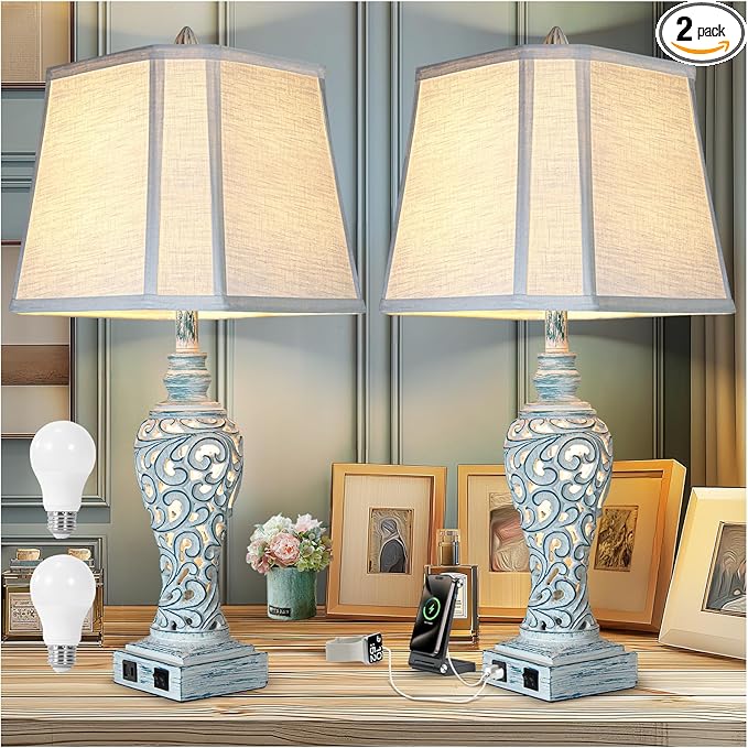 Table Lamp Bedside Lamps Set of 2, 28.5'' Luxsight Farmhouse Table Lamps for Bedroom, Lamps for Nightstands with Night Lights, with USB C+A Ports, Rustic Lamp for Living Room, Bulb Included