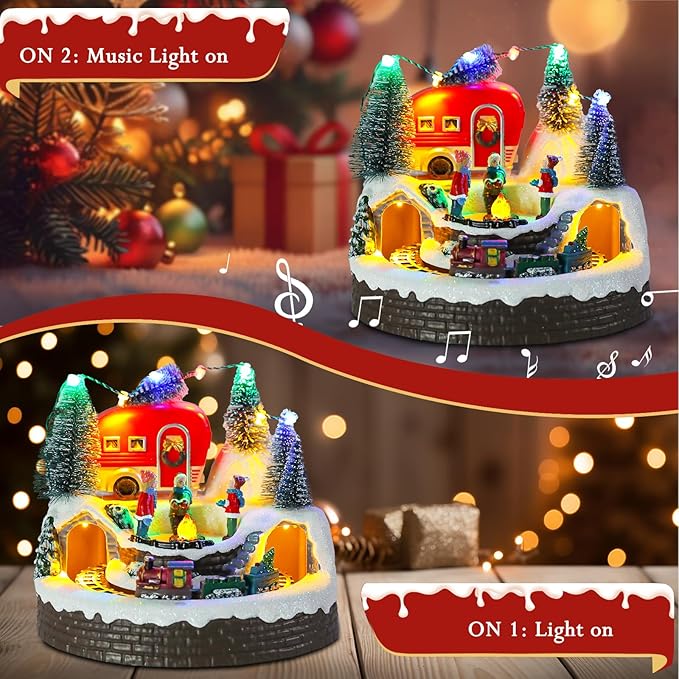Christmas Village House Musical Christmas Collectible Buildings Camper Bonfire Train Rotation with LED Lights Vacation Village with USB Indoor Figurines Indoor Tabletop Decoration Xmas Decor