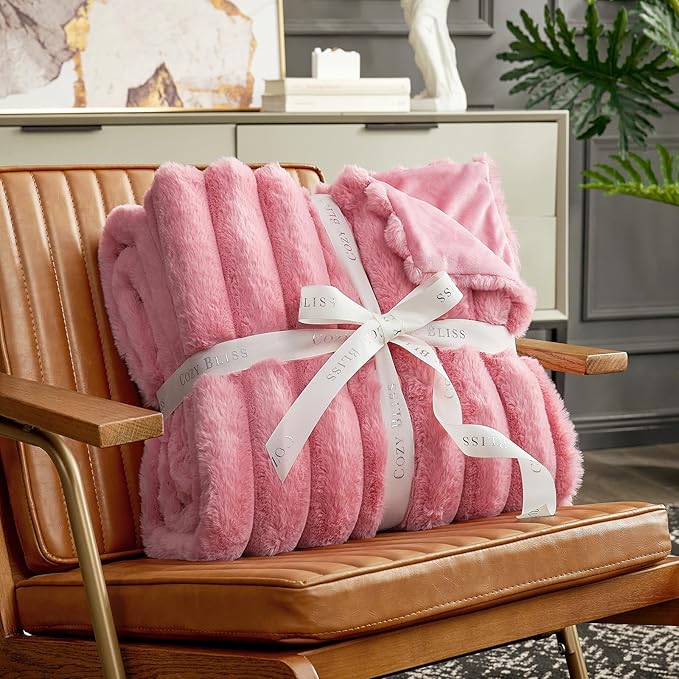 Cozy Bliss Faux Fur Throw Blanket for Couch, Cozy Warm Plush Striped Blanket for Sofa Bedroom Living Room,60 * 80 Inches Hot Pink