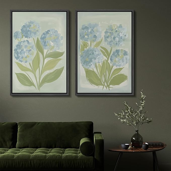 SIGNFORD Framed Canvas Print Wall Art Set Soft Hydrangea Pair Light Blue Florals with Green Leaves Illustration Modern Art Decorative Nordic Nature for Living Room, Bedroom, Office - 16"x24"x2 Black
