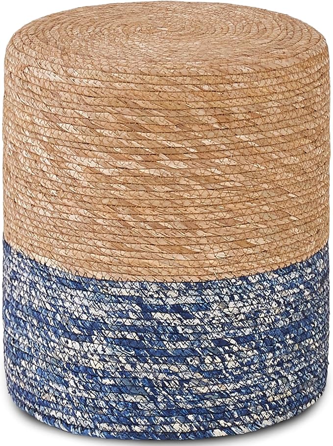 Wimarsbon Natural Seagrass Foot Stool, Hand Weaving Round Ottoman, for Living Room, Outdoor Seat (Natural & Blue)