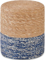 Wimarsbon Natural Seagrass Foot Stool, Hand Weaving Round Ottoman, for Living Room, Outdoor Seat (Natural & Blue)