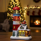 Musical Christmas Village Figurines Lighthouse & Flying Santa Collectibles Building Statues, Battery & USB Christmas Home Decor Gifts Festive Holiday Decorations