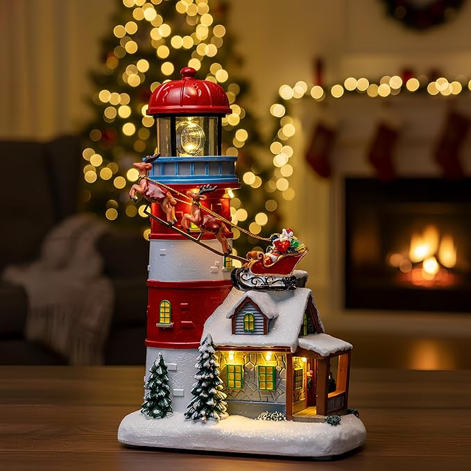 Musical Christmas Village Figurines Lighthouse & Flying Santa Collectibles Building Statues, Battery & USB Christmas Home Decor Gifts Festive Holiday Decorations