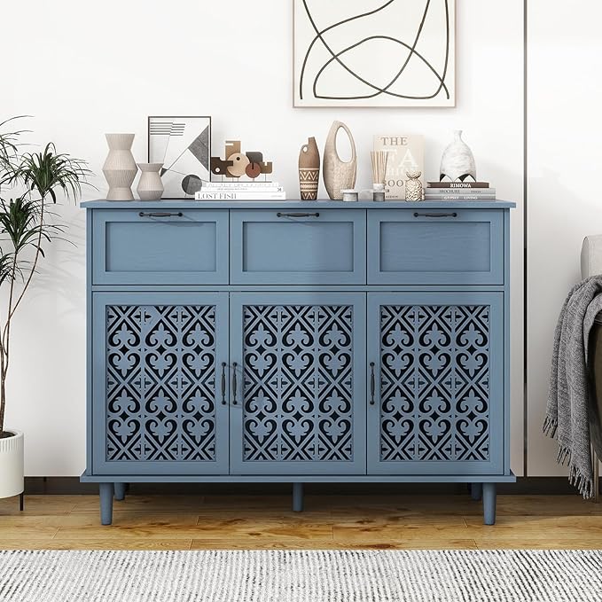 Sideboard Buffet Cabinet with Storage - Accent Storage Cabinet with Hollow Carved Pattern, Modern 3 Door 3 Drawer Farmhouse Wood Credenza for Living Room, Dining Room (Blue)