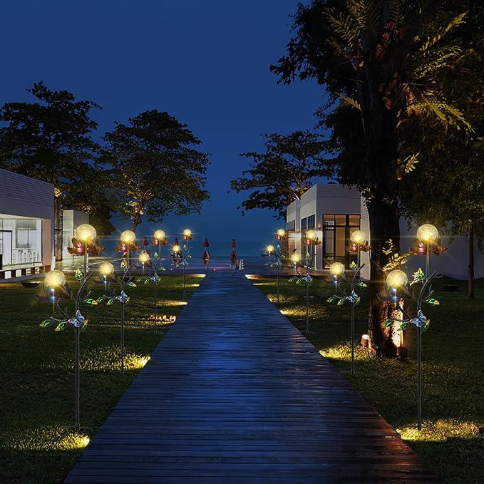 VCUTEKA Solar Garden Light Solar Flowers Light with LED Crackle Glass Globe Solar Lights Outdoor Metal Garden Stake Wind Spinner for Garden Decoration, Patio Decor, Yard Decor and Gift for Mother