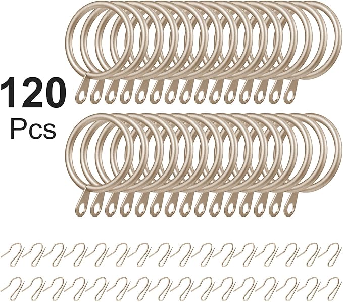 Hotop 60 Pieces 1.26 Inch Metal Drapery Curtain Rings Curtain Hanging Rings and 60 Pieces Metal Drapery Pin Hooks for Drapes Window Door Shower (Champagne Gold)