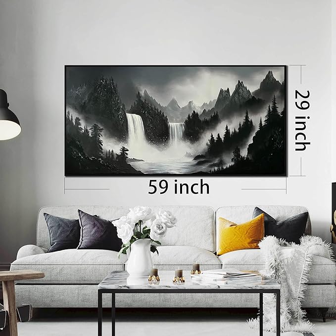 Hand Painted Mountains Painting for Living Room - Waterfall Canvas Wall Art for Office - Large Framed Wall Art Bedroom Size 29" x 59"