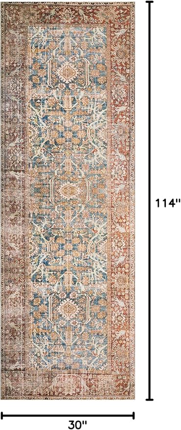 Loloi Layla Collection LAY-04 Ocean/Rust 2'-6" x 9'-6" .13" Thick Runner Rug, Soft, Durable, Vintage Inspired, Distressed, Low Pile, Non-Shedding, Easy Clean, Printed, Living Room Rug