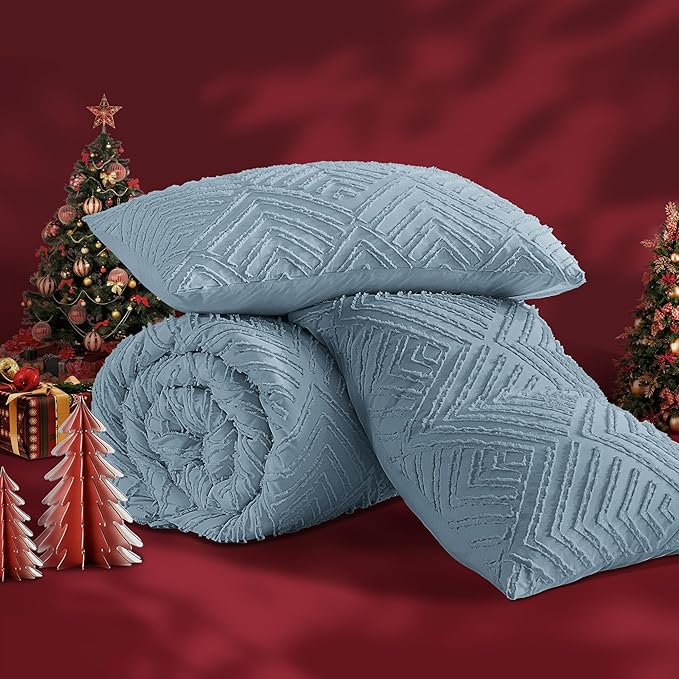 Andency Greyish Blue Oversized King Comforter 128''x120'', 3 Pieces Soft Boho Bedding Set & Collections, Farmhouse Tufted Fluffy Shabby Chic Bed Set for All Seasons (1 Comforter, 2 Pillowcases)