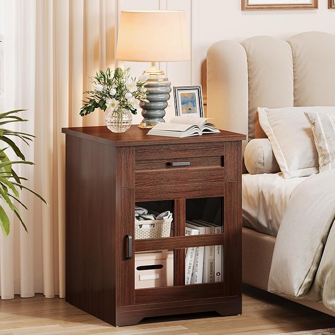 Farmhouse 18'' End Table, Narrow Sofa Side Table with Drawer and Barn Door, Wooden Nightstand Storage Cabinet for Living Room and Bedroom