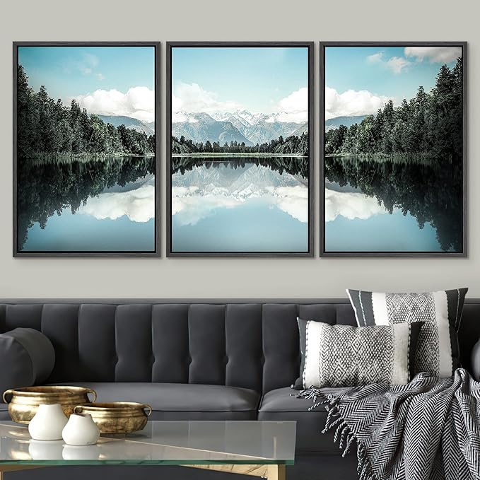 SIGNWIN Framed Canvas Print Wall Art Set Blue Pine Tree Forest Lake Reflection Nature Wilderness Photography Realism Decorative Scenic Rustic Chic for Living Room, Bedroom, Office - 16"x24"x3 Black