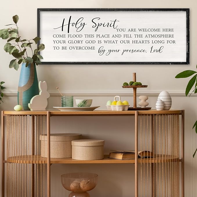 Holy Spirit You are Welcome Here Wall Decor Art 32x12 Inch Large Christian Song Bible Verse Plaque Wood Framed Sign Living Room Scripture Quote Religious For Office Wall Hanging (Black)