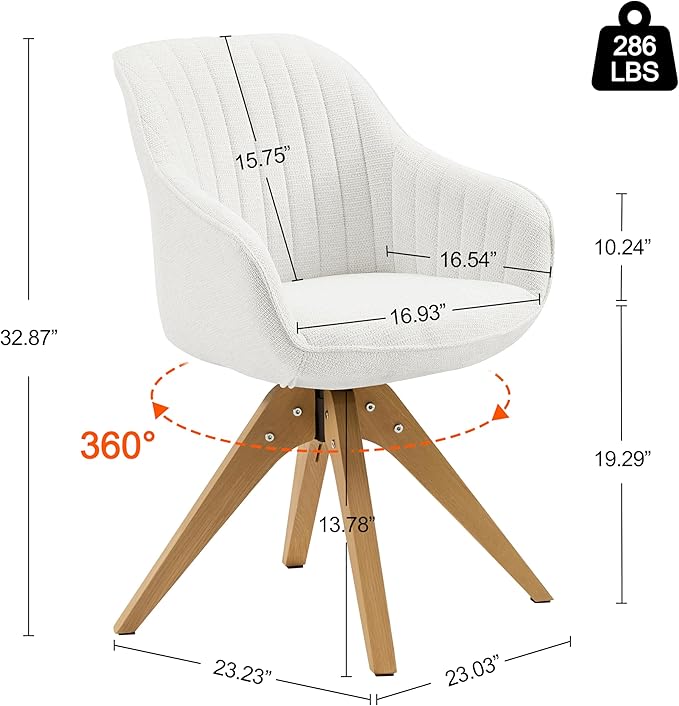 Art Leon Mid Century Modern Swivel Accent Chair - Fabric Upholstered Armchair with Natural Oak Wood Legs, Desk Chair No Wheels, Off White