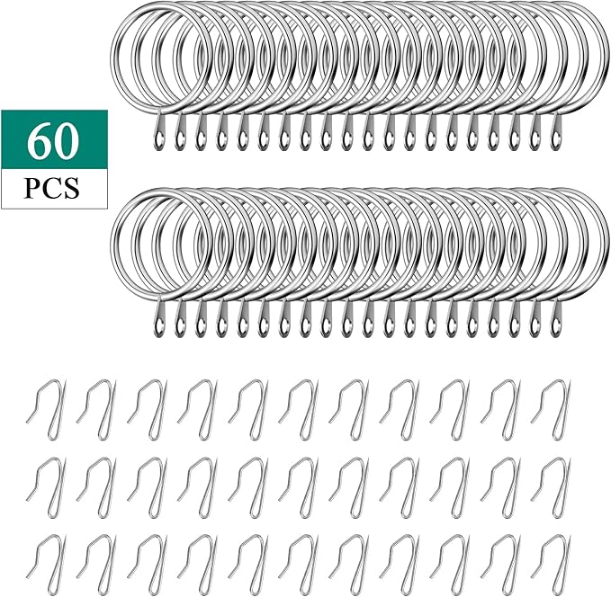Hotop 30 Pcs Metal Drapery Curtain Rings 0.98/1.26/1.65 inch Interior Diameter and 30 Pcs Hanging Curtain Drapery Pin Hooks for Window Door Shower(25 mm,Silver)