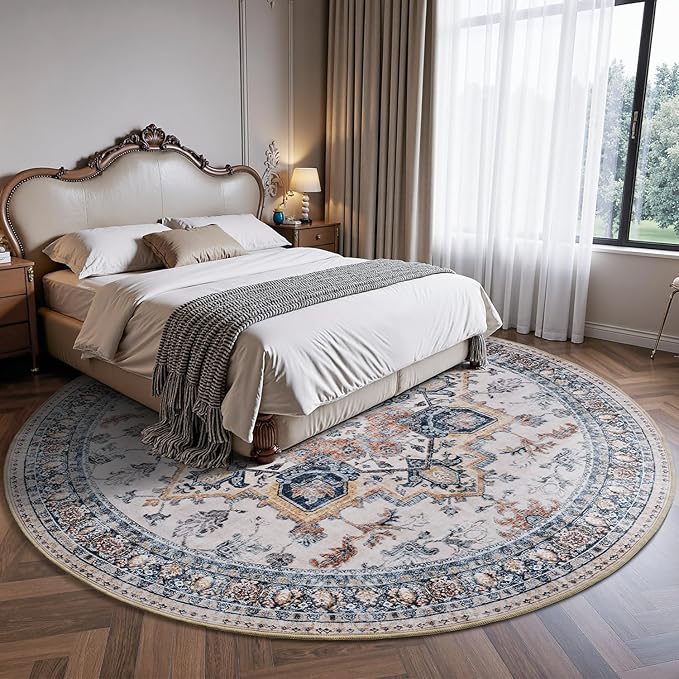 6 ft Round Rugs for Living Room Bedroom Rug Circle Area Rug for Dining Room Table Throw Vintage Circular Rugs Washable Soft Comfortable Blue Rust