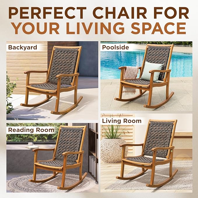 IDZO Wood Wicker Rocking Chair, 400 lbs Capacity, Durable Eucalyptus Wood, Natural Finish, Comfortable Curvy Design, Ideal for Deck, Patio Furniture, and Outdoor Furniture Accent Chair