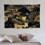 HZOHNAGO Japanese Tapestry Gold Flowers Umbrella Fan Pattern Printed Wall Tapestry Painting Wall Hanging for Bedroom Living Room Dorm 60" W x 40" H