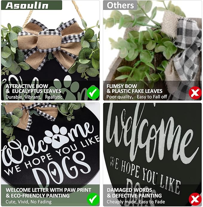 Welcome We Hope You Like Dogs Farmhouse Door Sign for Front Door Porch Decor with Eucalyptus Leaves & Buffalo Bow - Welcome Wreath Sign Hanging for Dogs Lovers Spring Summer Decor Housewarming Gift