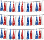 3P Red Blue White Foil Fringe Metallic Tassel Streamers Banner Tassel Garland for Parade Floats, Bachelorette, Wedding, Birthday, Halloween, Christmas, Bridal/Baby Shower Party Decorations