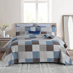 PANGUSHAN 100% Cotton Quilt Set Queen Size, Patchwork Plaid Queen Quilt Bedding Set Bedspreads, Farmhouse Lightweight Comforter Reversible Quilt, Blue/Brown Bed Spread for Queen Bed, 3 Pieces