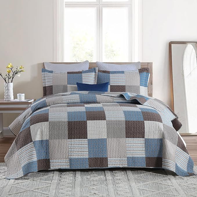 PANGUSHAN 100% Cotton Quilt Set Queen Size, Patchwork Plaid Queen Quilt Bedding Set Bedspreads, Farmhouse Lightweight Comforter Reversible Quilt, Blue/Brown Bed Spread for Queen Bed, 3 Pieces